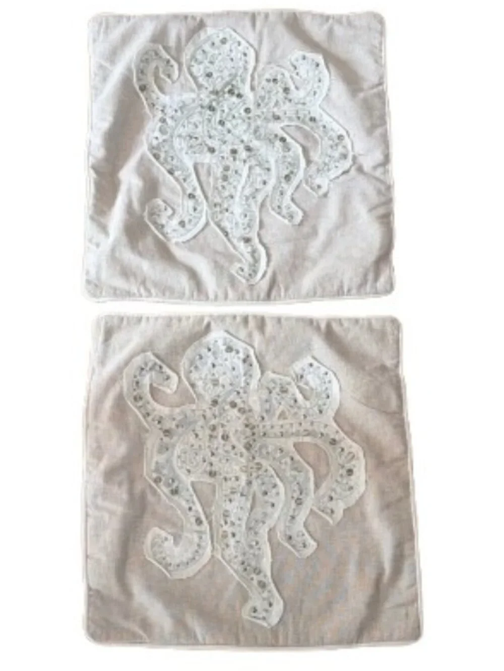 Pier 1 Beaded Octopus Appliqué Throw Pillow Covers Set (2) Coastal Neutral 18x18